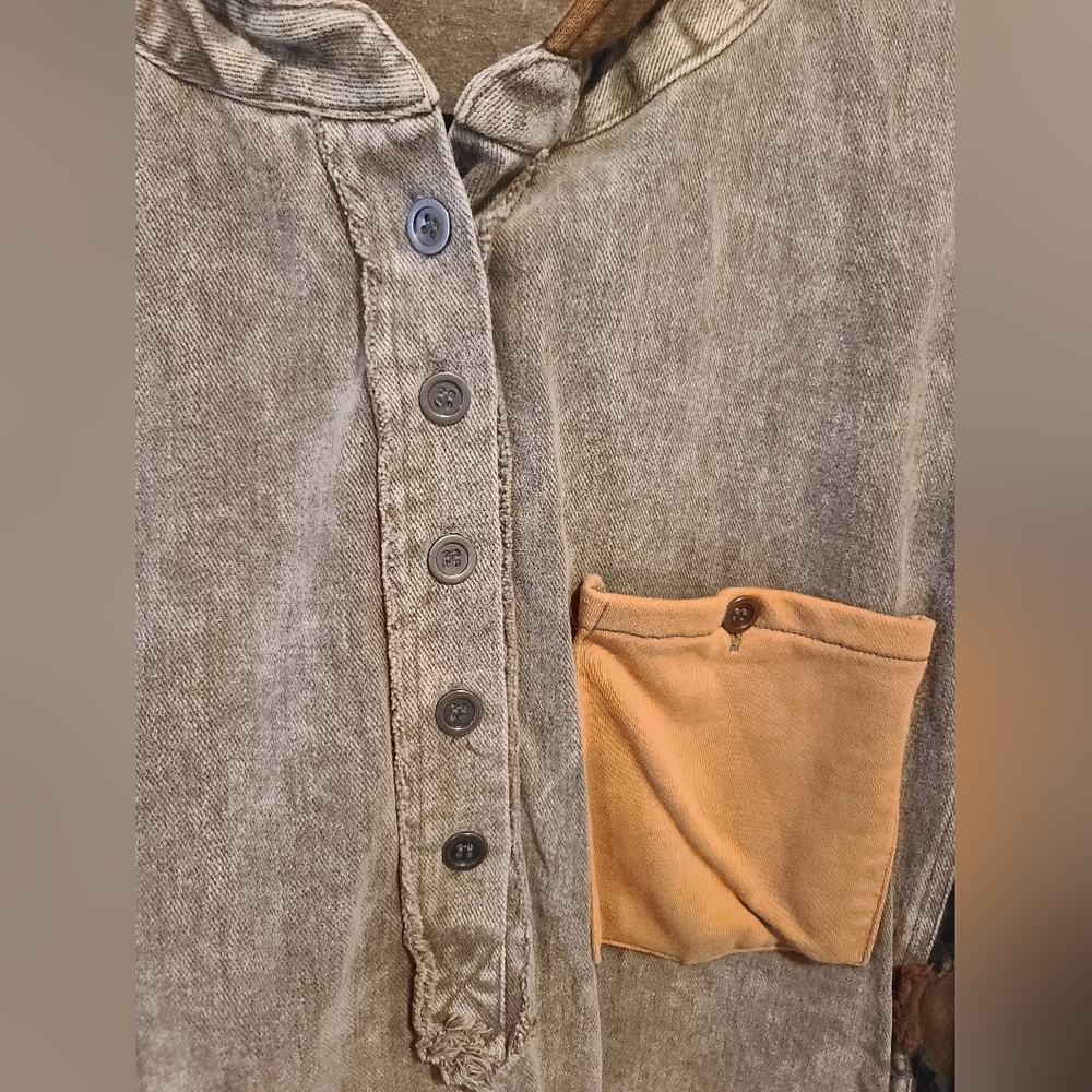 New Oli & Hali Oversized Patchwork Mineral Wash Hoodie with Plaid Accents Sz M/L - Picture 10 of 16